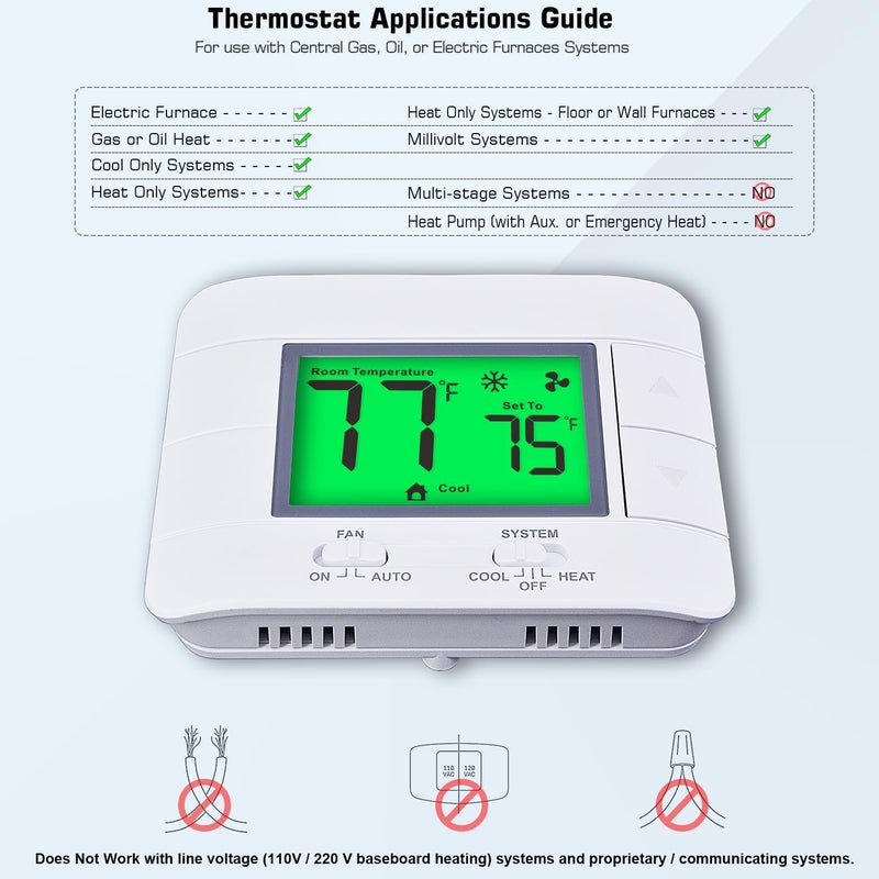 Garystat Upgraded Non Programmable Thermostats for Home 1 Heat/1 Cool Single Stage System, with Temperature & Humidity Monitor and Large Green LCD - Image 4